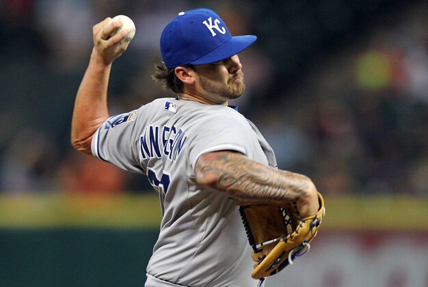 Jun 29, 2015; Houston, TX, USA; Kansas City Royals relief pitcher Brandon Finnegan (27) pitches against the Houston Astros in the sixth inning at Minute Maid Park. Mandatory Credit: Thomas B. Shea-USA TODAY Sports