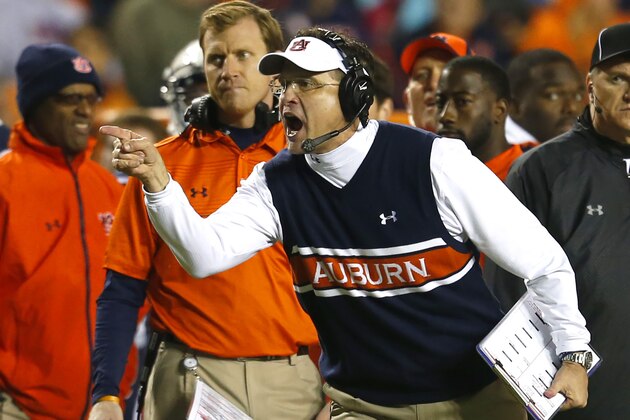 Auburn coach Gus Malzahn reacts to a call during the second half of an NCAA college football game against Samford on Saturday, Nov. 22, 2014, in Auburn, Ala. (AP Photo/Butch Dill)