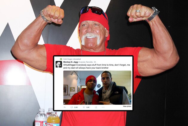 MELBOURNE, VICTORIA - MAY 01:  Wrestler Hulk Hogan gestures to the crowd while making an appearance during the round five AFL match between the Carlton Blues and the Collingwood Magpies at Melbourne Cricket Ground on May 1, 2015 in Melbourne, Australia.  (Photo by Michael Dodge/AFL Media/Getty Images)