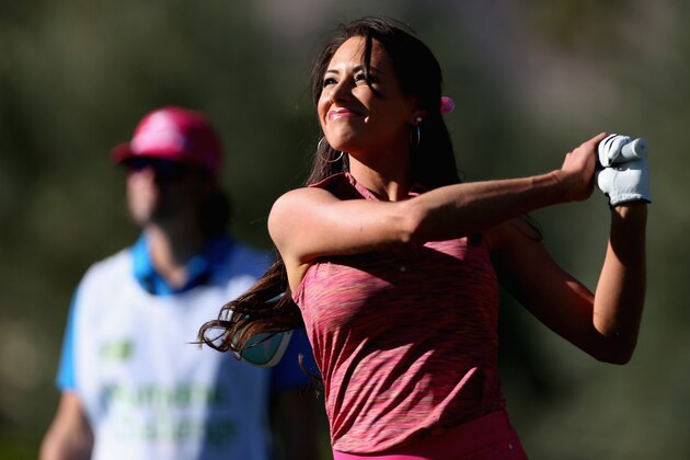 LA QUINTA, CA - JANUARY 16:  Holly Sonders tees off at the eleventh hole of La Quinta Country Club Course during the first round of the Humana Challenge in partnership with the Clinton Foundation on January 16, 2014 in La Quinta, California.  (Photo by Todd Warshaw/Getty Images)