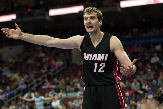 Apr 15, 2015; Philadelphia, PA, USA; Miami Heat guard Zoran Dragic (12) reacts to an officials call during the second half against the Philadelphia 76ers at Wells Fargo Center. The Heat won 105-101. Mandatory Credit: Bill Streicher-USA TODAY Sports