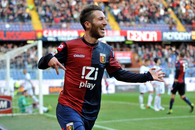 Genoa's Andrea Bertolacci celebrates during a Serie A soccer match between Genoa and Sassuolo, in Genova's Luigi Ferraris Stadium, Italy, Monday, Jan. 06, 2014. (AP Photo/Tano Pecoraro)