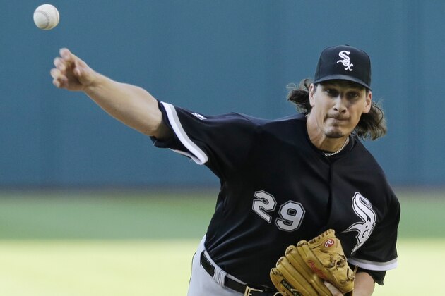 Chicago White Sox starting pitcher Jeff Samardzija delivers in the first inning of a baseball game against the Cleveland Indians, Thursday, July 23, 2015, in Cleveland. (AP Photo/Tony Dejak)