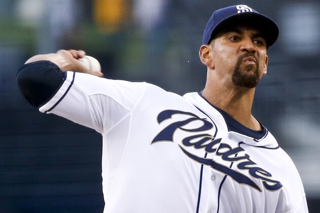 San Diego Padres starting pitcher Tyson Ross throws to a Miami Marlins batter during the first inning of a baseball game Thursday, July 23, 2015, in San Diego. (AP Photo/Lenny Ignelzi)