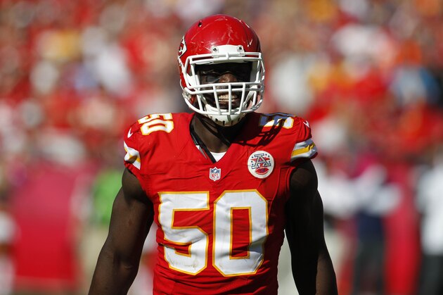Kansas City Chiefs outside linebacker Justin Houston (50) reacts after sacking St. Louis Rams quarterback Austin Davis (9) in the second half of an NFL football game in Kansas City, Mo., Sunday, Oct. 26, 2014. (AP Photo/Colin E. Braley)