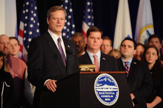 BOSTON, MA - JANUARY 09:  Governor of Massachusetts Charlie Baker addresses the media as Boston Mayor Martin J. Walsh, right, looks on, during a press conference to announce Boston as the U.S. applicant city to host the 2024 Olympic and Paralympic Games at the Boston Convention and Exhibition Center on January 9, 2015 in Boston, Massachusetts. (Photo by Maddie Meyer/Getty Images for the USOC)