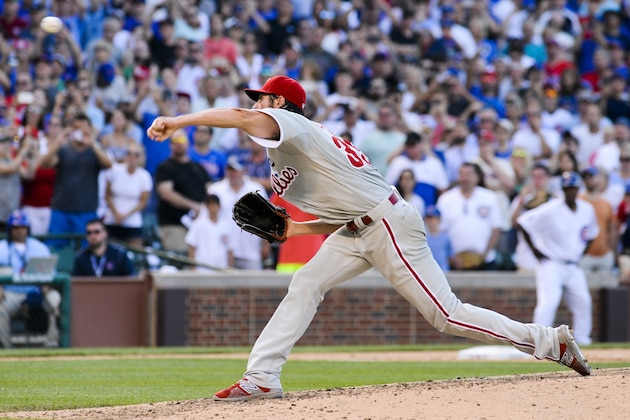 Philadelphia Phillies' starting pitcher Cole Hamels delivers his last pitch during a baseball game against the Chicago Cubs in Chicago on Saturday, July 25, 2015. Hamels pitched a no-hitter. (AP Photo/Matt Marton)