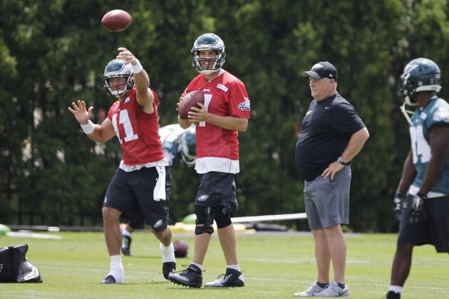 Philadelphia Eagles head coach Chip Kelly looks on as quarterbacks Tim Tebow (11) and Sam Bradford (7) pass during NFL football minicamp, Wednesday, June 17, 2015, in Philadelphia. (AP Photo/Matt Rourke) Philadelphia Eagles head coach Chip Kelly looks on as quarterbacks Tim Tebow (11) and Sam Bradford (7) pass during NFL football minicamp, Wednesday, June 17, 2015, in Philadelphia. (AP Photo/Matt Rourke)