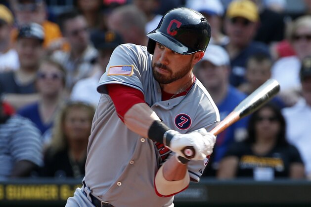 Cleveland Indians second baseman Jason Kipnis bats during a baseball game against the Pittsburgh Pirates in Pittsburgh Saturday, July 4, 2015.(AP Photo/Gene J. Puskar)
