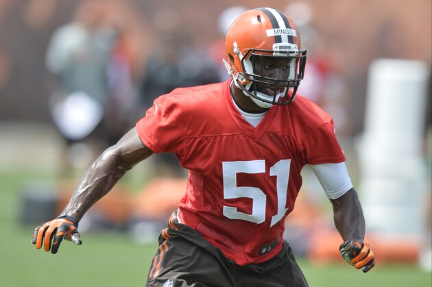 Cleveland Browns linebacker Barkevious Mingo (51) participates in an NFL organized training activity in Berea, Ohio, Tuesday, May 26, 2015. (AP Photo/David Richard)