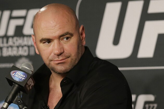 UFC President Dana White speaks at a news conference after the UFC 177 mixed martial arts event in Sacramento, Calif., Saturday, Aug. 30, 2014. (AP Photo/Jeff Chiu)