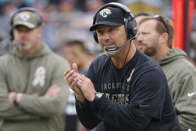 Jacksonville Jaguars head coach Gus Bradley encourages his players during the first half of an NFL football game against the Houston Texans in Jacksonville, Fla., Sunday, Dec. 7, 2014. (AP Photo/Stephen B. Morton)