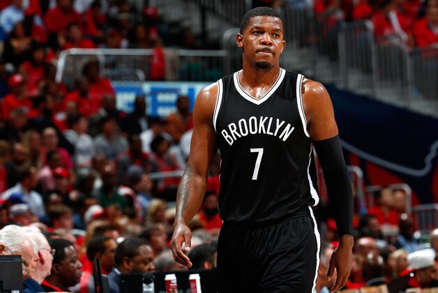 ATLANTA, GA - APRIL 29:  Joe Johnson #7 of the Brooklyn Nets reacts as he walks to the bench during Game Five of the Eastern Conference Quarterfinals of the NBA Playoffs against the Atlanta Hawks at Philips Arena on April 29, 2015 in Atlanta, Georgia.  NOTE TO USER: User expressly acknowledges and agrees that, by downloading and/or using this photograph, user is consenting to the terms and conditions of the Getty Images License Agreement.  (Photo by Kevin C. Cox/Getty Images)