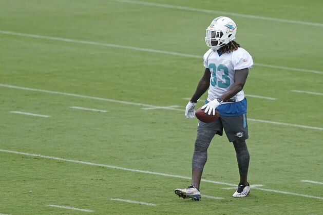 DAVIE, FL - MAY 26: Jay Ajayi #33 of the Miami Dolphins walks back to the huddle with the ball during the teams first OTA's on May 26, 2015 at the Miami Dolphins training facility in Davie, Florida. (Photo by Joel Auerbach/Getty Images)