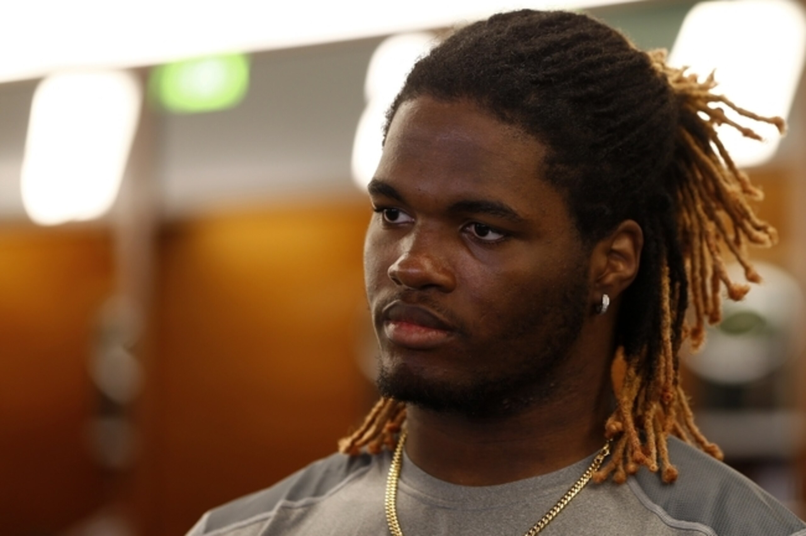 New York Jets linebacker Lorenzo Mauldin talks to the media before practice at the team's NFL football rookie minicamp, Saturday, May 9, 2015, in Florham Park, N.J. (AP Photo/Rich Schultz)