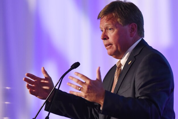 Jul 13, 2015; Hoover, AL, USA; Florida Gators football coach Jim McElwain fields questions during SEC media days at the Wynfrey Hotel. Mandatory Credit: Kelly Lambert-USA TODAY Sports