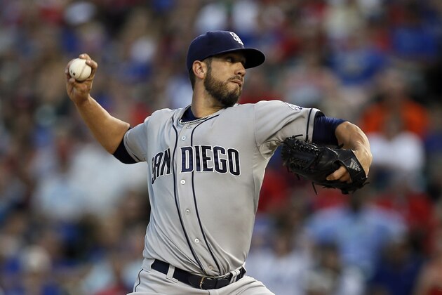 San Diego Padres starting pitcher James Shields works against the Texas Rangers in the first inning of an interleague baseball game Saturday, July 11, 2015, in Arlington, Texas. (AP Photo/Tony Gutierrez)