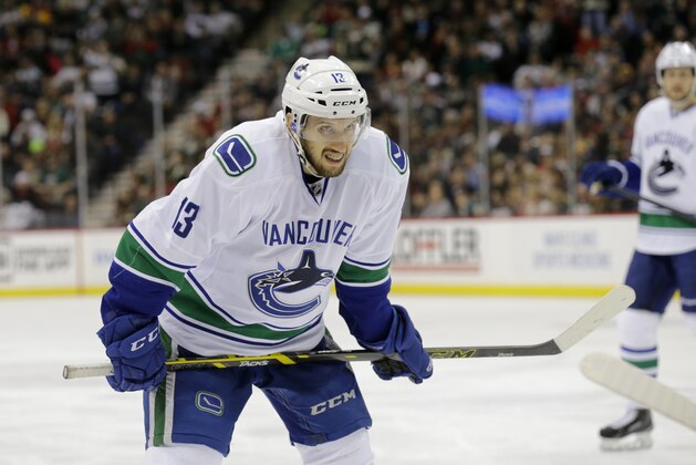 Vancouver Canucks center Nick Bonino (13) gets into position for a face-off during the second period of an NHL hockey game against the Minnesota Wild in St. Paul, Minn., Monday, Feb. 9, 2015. (AP Photo/Ann Heisenfelt)