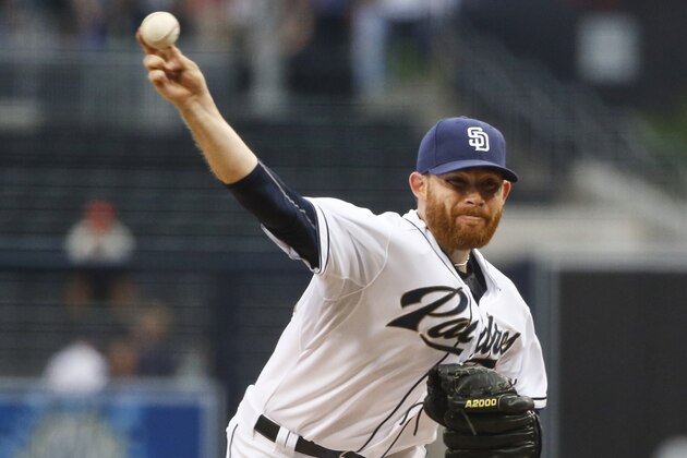 San Diego Padres starting pitcher Ian Kennedy works against the San Francisco Giants in the first inning of a baseball game Monday, July 20, 2015, in San Diego.   (AP Photo/Lenny Ignelzi)