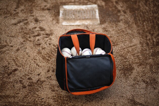 A bag of baseballs sit on the pitching mound in the bullpen of Ed Smith Stadium before the Baltimore Orioles play an intra-squad spring training baseball game in Sarasota, Fla., Sunday, March 1, 2015. Grapefruit League action starts Tuesday, March 3, when the Orioles travel to Lakeland, Fla, to face the Detroit Tigers. (AP Photo/Gene J. Puskar)