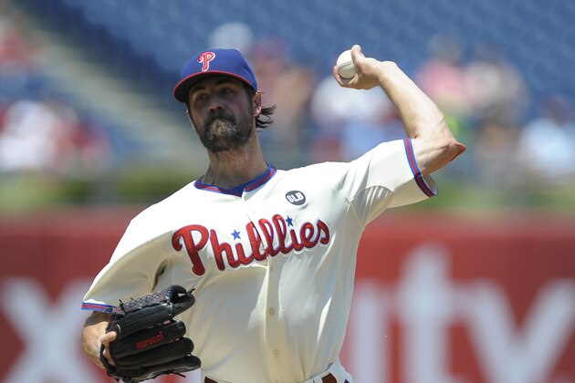 Philadelphia Phillies starting pitcher Cole Hamels throws in the first inning of a baseball game against the Miami Marlins, Sunday, July 19, 2015, in Philadelphia. (AP Photo/Michael Perez)