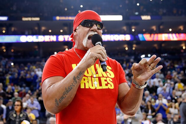 OAKLAND, CA - NOVEMBER 13:  Hulk Hogan pumps of the Warriors fans before the start of an NBA basketball game between the Brooklyn Nets and the Golden State Warriors at ORACLE Arena on November 13, 2014 in Oakland, California. NOTE TO USER: User expressly acknowledges and agrees that, by downloading and or using this photograph, User is consenting to the terms and conditions of the Getty Images License Agreement.  (Photo by Thearon W. Henderson/Getty Images)
