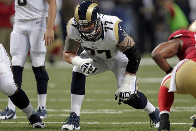 St. Louis Rams offensive tackle Jake Long takes up his position during the first quarter of an NFL football game against the San Francisco 49ers Thursday, Sept. 26, 2013, in St. Louis. (AP Photo/Tom Gannam)