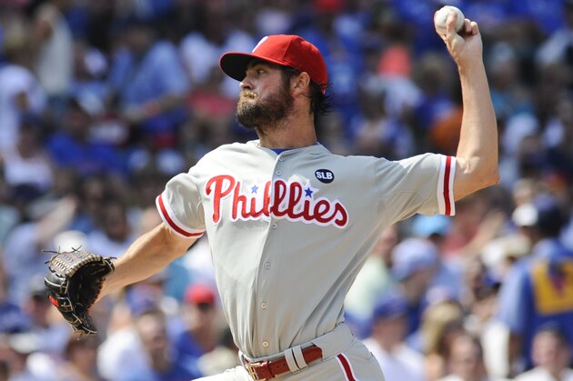 Philadelphia Phillies' starting pitcher Cole Hamels delivers during the first inning of baseball game against the Chicago Cubs in Chicago on Saturday, July 25, 2015. (AP Photo/Matt Marton)