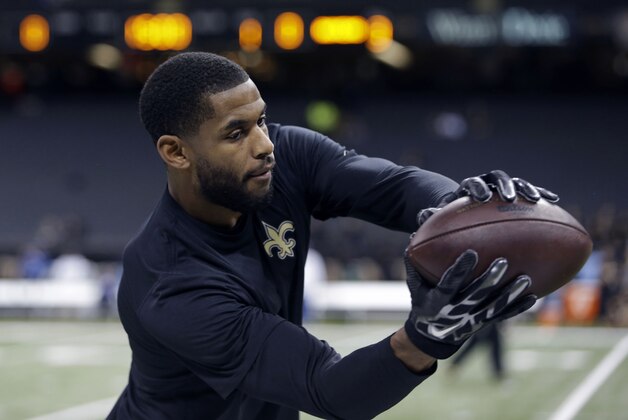 New Orleans Saints wide receiver Marques Colston warms up before an NFL football game against the Baltimore Ravens in New Orleans, Monday, Nov. 24, 2014. (AP Photo/Jonathan Bachman)