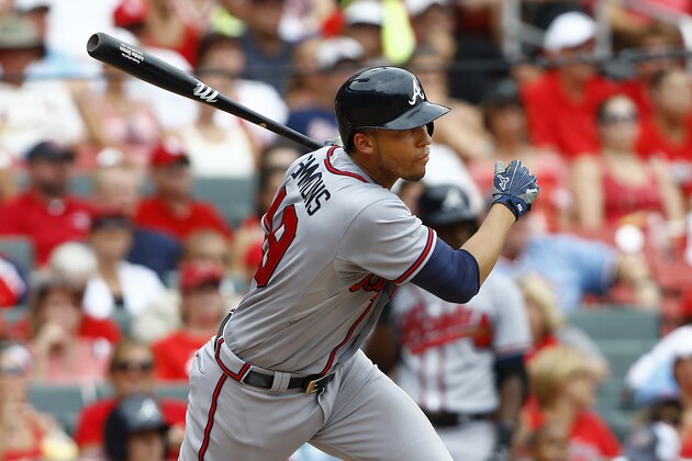 Atlanta Braves' Andrelton Simmons bats during a baseball game against the St. Louis Cardinals, Sunday, July 26, 2015, in St. Louis. (AP Photo/Billy Hurst)