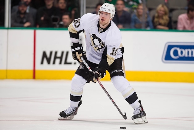 Mar 19, 2015; Dallas, TX, USA; Pittsburgh Penguins defenseman Christian Ehrhoff (10) skates against the Dallas Stars during the game at the American Airlines Center. The Stars defeated the Penguins 2-1. Mandatory Credit: Jerome Miron-USA TODAY Sports