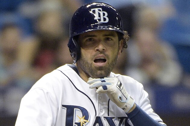 Tampa Bay Rays' David DeJesus reacts after getting hit in the chin by a pitch during the ninth inning of a baseball game against the Cleveland Indians in St. Petersburg, Fla., Tuesday, June 30, 2015. The Indians won 6-2. (AP Photo/Phelan M. Ebenhack)