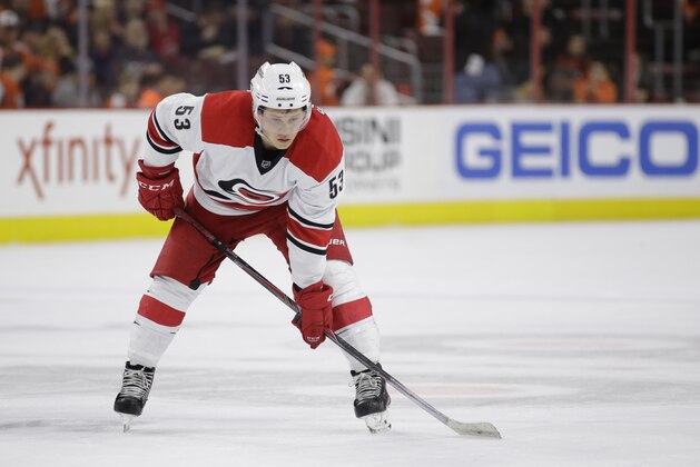 Carolina Hurricanes' Jeff Skinner in action during an NHL hockey game against the Philadelphia Flyers, Saturday, Dec. 13, 2014, in Philadelphia. (AP Photo/Matt Slocum)