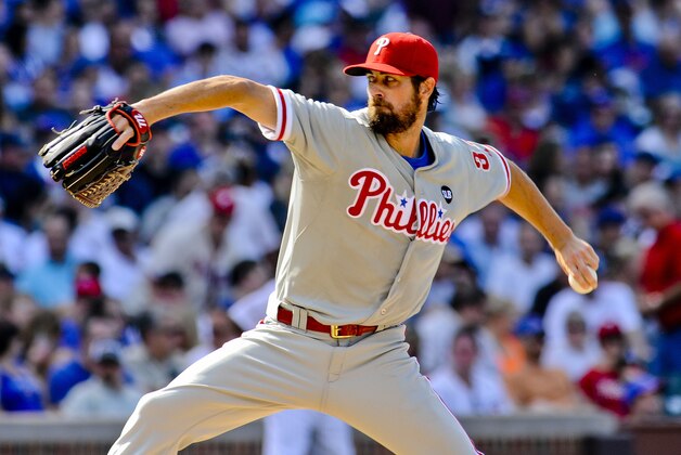 Philadelphia Phillies' starting pitcher Cole Hamels  delivers during a baseball game against the Chicago Cubs in Chicago on Saturday, July 25, 2015. He pitched a no-hitter.  (AP Photo/Matt Marton)