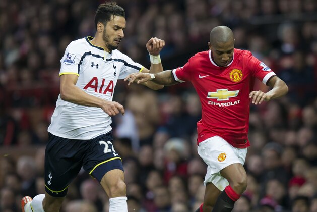 Manchester United's Ashley Young, right, keeps Tottenham Hotspur's Nacer Chadli at bay during the English Premier League soccer match between Manchester United and Tottenham Hotspur at Old Trafford Stadium, Manchester, England, Sunday March 15, 2015. (AP Photo/Jon Super)