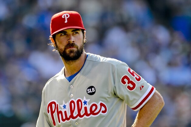 Philadelphia Phillies' starting pitcher Cole Hamels  during a baseball game against the Chicago Cubs in Chicago on Saturday, July 25, 2015. He pitched a no-hitter.  (AP Photo/Matt Marton)