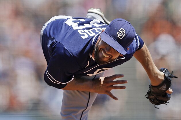 San Diego Padres' James Shields works against the San Francisco Giants in the first inning of a baseball game, Thursday, June 25, 2015, in San Francisco. (AP Photo/Ben Margot)