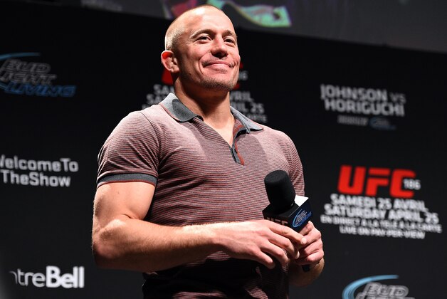 MONTREAL, QC - APRIL 24:  Former UFC welterweight champion Georges St-Pierre interacts with fans during a Q&A session before the UFC 186 weigh-in event at Metropolis on April 24, 2015 in Montreal, Quebec, Canada. (Photo by Jeff Bottari/Zuffa LLC/Zuffa LLC via Getty Images)