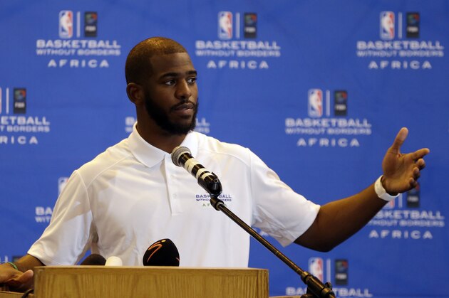 NBA basketball player Chris Paul of Los Angeles Clippers speaks during a press conference for the Basketball without Borders Africa 2015 at the American International School in Johannesburg, South Africa, Wednesday, July 29, 2015.  (AP Photo/Themba Hadebe)