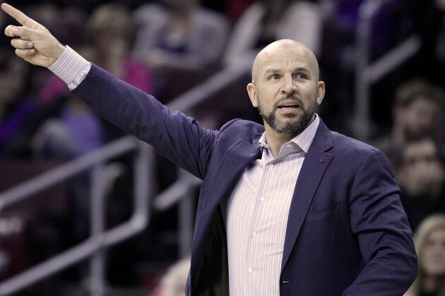 Milwaukee Bucks coach Jason Kidd call a play against the Philadelphia 76er's  during the second half of an NBA basketball game Monday, April. 13, 2015 in Philadelphia. Bucks won 107-97.(AP Photo/H. Rumph Jr.)