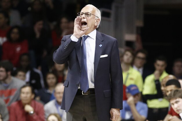 SMU's head coach Larry Brown reacts during the second half of an NCAA basketball game against Temple, Thursday, Feb. 19, 2015, in Dallas. SMU won 67-58. (AP Photo/Jim Cowsert)
