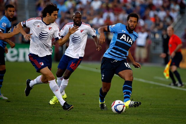 COMMERCE CITY, CO - JULY 29:  Mousa Dembele #19 of Tottenham Hotspur controls the ball against Kaka #22 and DaMarcus Beasley #16 of MLS All-Stars during the 2015 AT&T Major League Soccer All-Star game at Dick's Sporting Goods Park on July 29, 2015 in Commerce City, Colorado.  (Photo by Doug Pensinger/Getty Images)