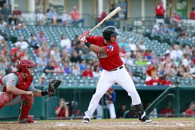 Aug 7, 2014; Frisco, TX, USA; Frisco Rough Riders designated hitter Jorge Alfaro (8) bats during the game against the Springfield Cardinals at Dr Pepper Ballpark. Springfield beat Frisco 2-1. Mandatory Credit: Tim Heitman-USA TODAY Sports