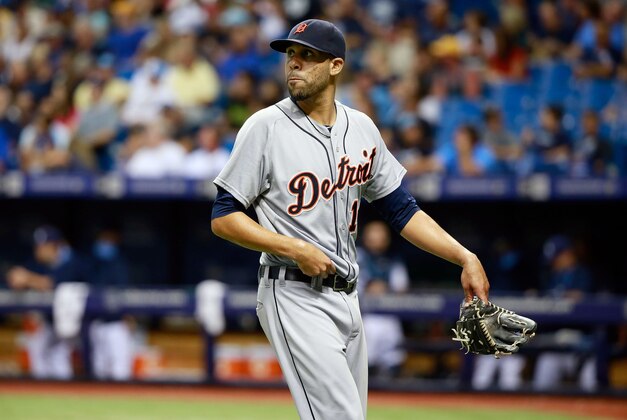 Jul 28, 2015; St. Petersburg, FL, USA; Detroit Tigers starting pitcher David Price (14) walks back to the dugout at the end of the fourth inning against the Tampa Bay Rays at Tropicana Field. Mandatory Credit: Kim Klement-USA TODAY Sports