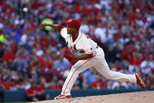 St. Louis Cardinals starting pitcher Carlos Martinez throws during the second inning of a baseball game against the Atlanta Braves, Saturday, July 25, 2015, in St. Louis. The Cardinals won the game 1-0. (AP Photo/Billy Hurst)