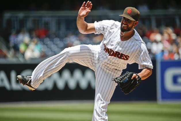 San Diego Padres starting pitcher James Shields delivers a pitch to the San Francisco Giants in the first inning of a baseball game Wednesday, July 22, 2015, in San Diego. (AP Photo/Lenny Ignelzi)