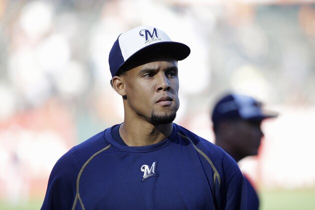 Milwaukee Brewers' Carlos Gomez before a baseball game against the San Francisco Giants in San Francisco, Tuesday, July 28, 2015. (AP Photo/Jeff Chiu) Milwaukee Brewers' Carlos Gomez before a baseball game against the San Francisco Giants in San Francisco, Tuesday, July 28, 2015. (AP Photo/Jeff Chiu)