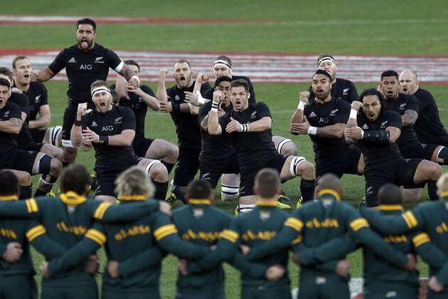 New Zealand rugby team perform a haka as the South Africa's team watches during their Rugby Championship test match at Ellis Park stadium in Johannesburg, South Africa, Saturday, July 25, 2015. (AP Photo/Themba Hadebe) New Zealand rugby team perform a haka as the South Africa's team watches during their Rugby Championship test match at Ellis Park stadium in Johannesburg, South Africa, Saturday, July 25, 2015. (AP Photo/Themba Hadebe)