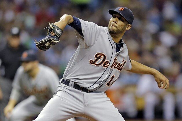 Detroit Tigers' David Price goes into his wind up against the Tampa Bay Rays during the second inning of a baseball game Tuesday, July 28, 2015, in St. Petersburg, Fla.  (AP Photo/Chris O'Meara)