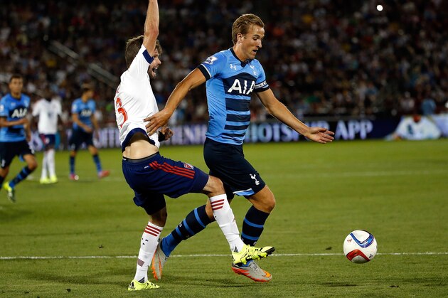 COMMERCE CITY, CO - JULY 29:  Drew Moor #3 of MLS All-Stars and Harry Kane #18 of Tottenham Hotspur battle for control of the ball during the 2015 AT&T Major League Soccer All-Star game at Dick's Sporting Goods Park on July 29, 2015 in Commerce City, Colorado. The MLS All-Stars defeated Tottenham Hotspur 2-1.  (Photo by Doug Pensinger/Getty Images)